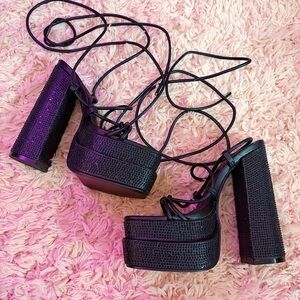 Dolls Kill Public Desire Black PU Rhinestone Platform Lace Up Heels Sz 5